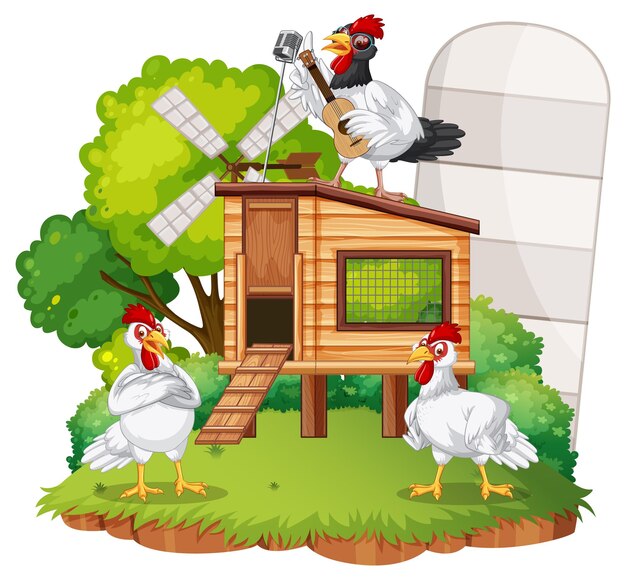 Una escena aislada con un grupo de pollos al estilo de las caricaturas