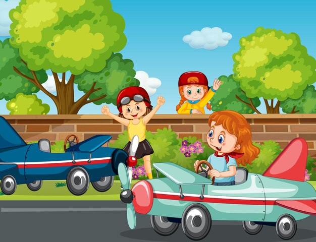 Escena al aire libre con coche de carreras para niños.