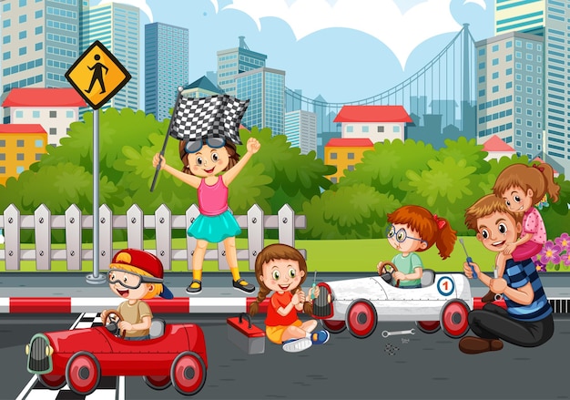 Vector gratuito escena al aire libre con coche de carreras para niños.