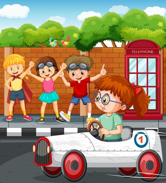 Vector gratuito escena al aire libre con coche de carreras para niños.