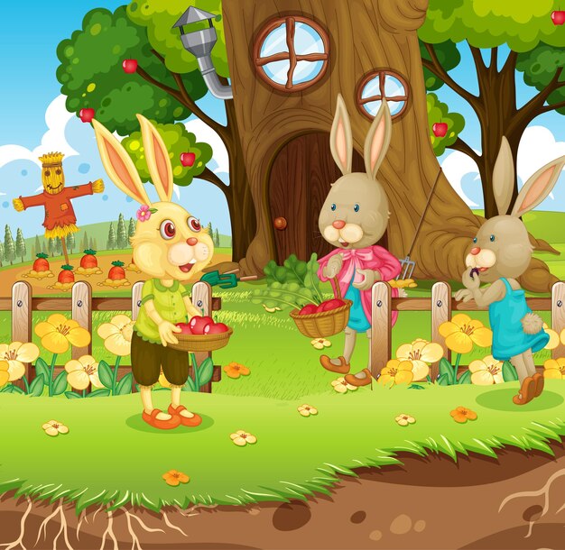 Escena al aire libre con feliz familia de conejos en el jardín.