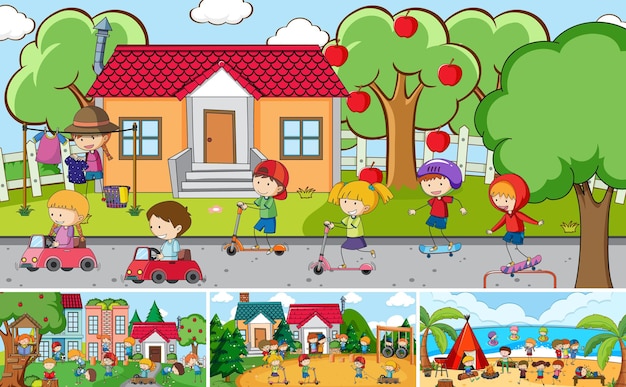 Vector gratuito escena al aire libre con muchos niños doodle personaje de dibujos animados