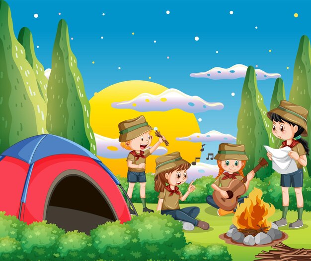 Escena al aire libre con niños acampando.