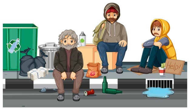 Escena al aire libre con personas sin hogar.