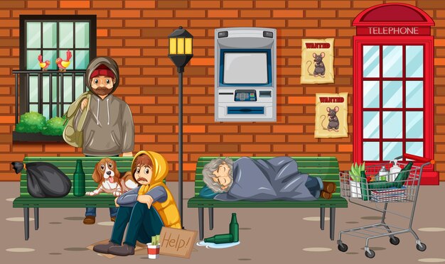 Escena al aire libre con personas sin hogar.