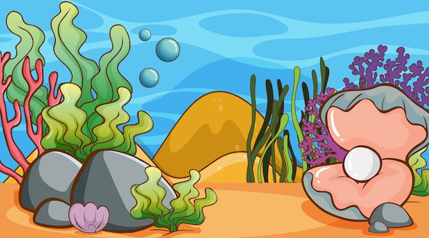 Escena con algas y perlas bajo el agua