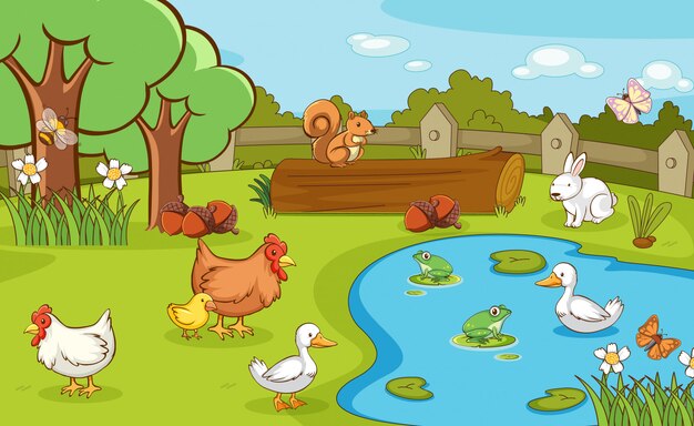 Escena con animales de granja en la granja