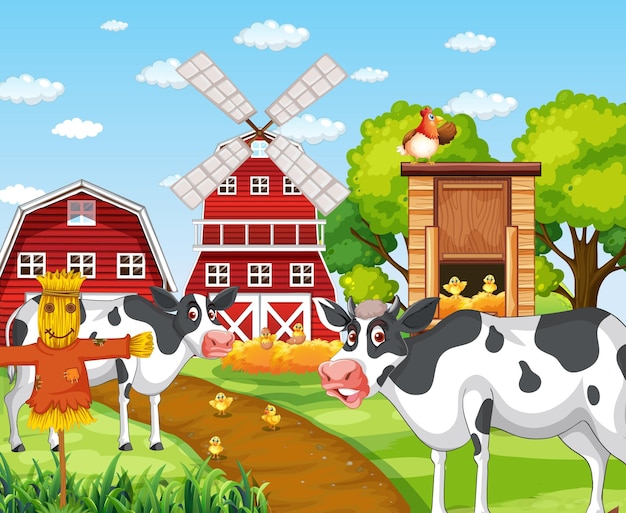 Vector gratuito escena con animales de granja en la granja.
