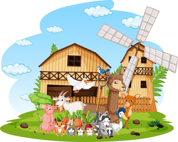 Vector gratuito escena con animales de granja en la granja.