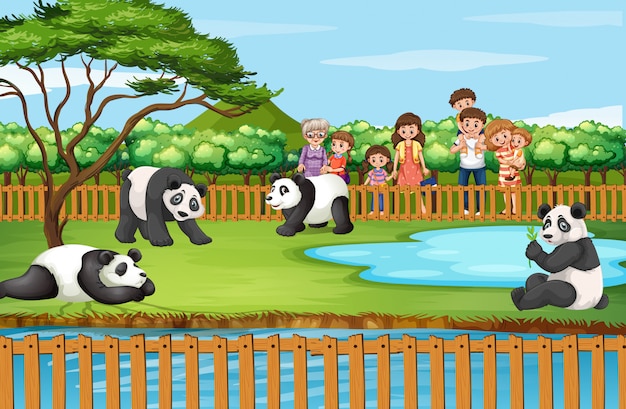 Escena con animales y personas en el zoológico.