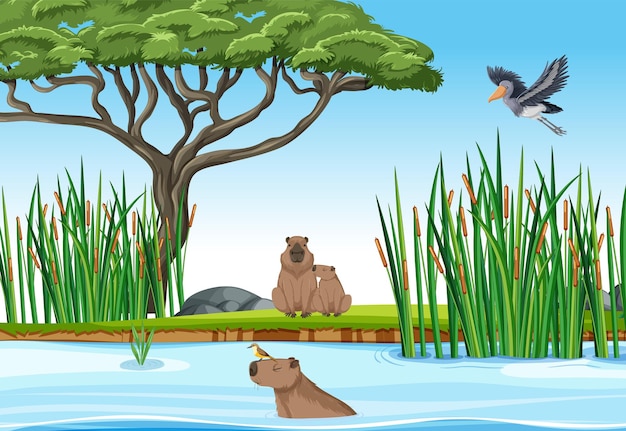 Escena con animales salvajes en el bosque.