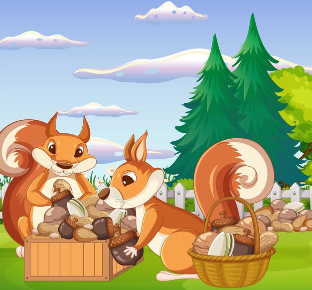 Una escena de ardilla comiendo nueces en el parque.