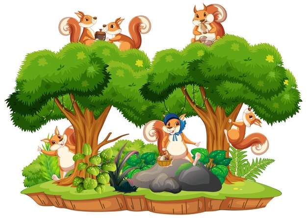 Escena con ardillas en el bosque.