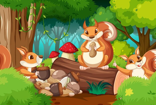 Escena con ardillas en el bosque.