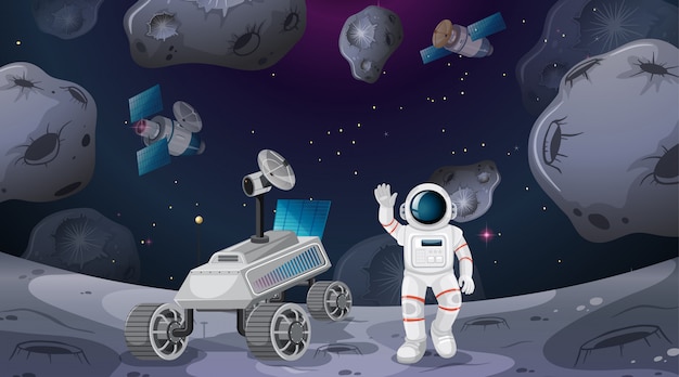 Escena de astronauta y rover