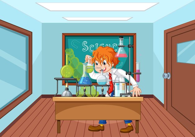 Escena del aula con un científico haciendo un experimento.
