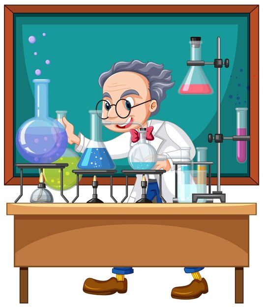 Escena del aula con un científico haciendo un experimento.