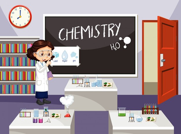 Escena del aula con estudiante de ciencias adentro