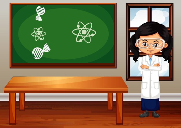 Escena del aula con estudiante de ciencias dentro.