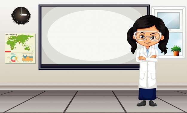 Escena del aula con estudiante de ciencias de pie junto al tablero