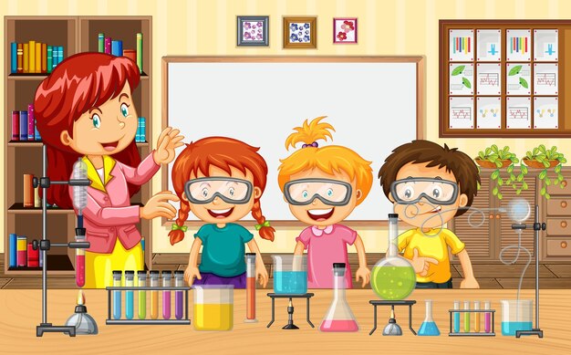 Escena del aula con un maestro y niños haciendo experimentos científicos.