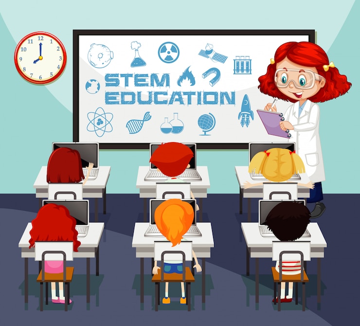 Vector gratuito escena en el aula con el profesor de ciencias y los alumnos aprendiendo