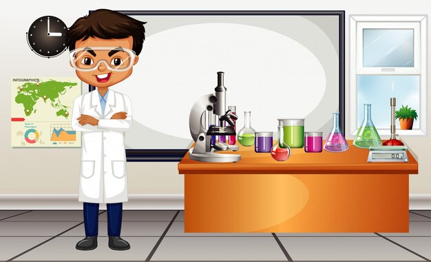 Escena del aula con profesor de ciencias y equipos