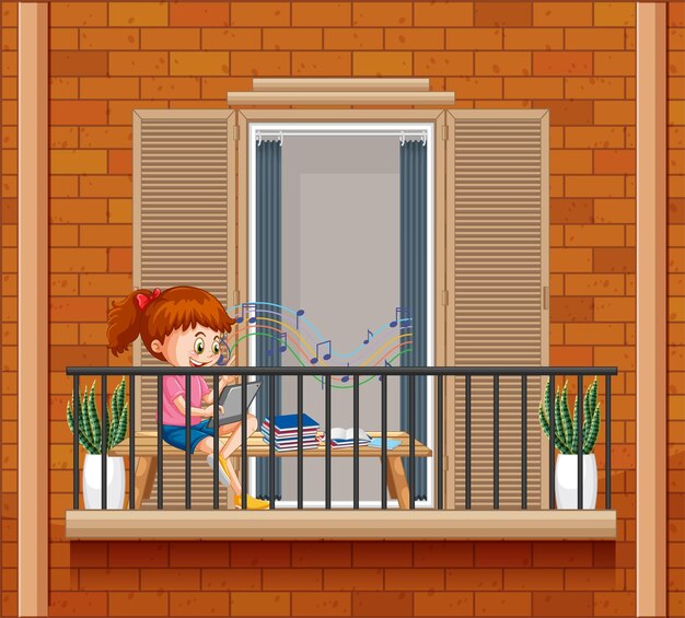 Escena de balcón con un personaje de dibujos animados de niña.