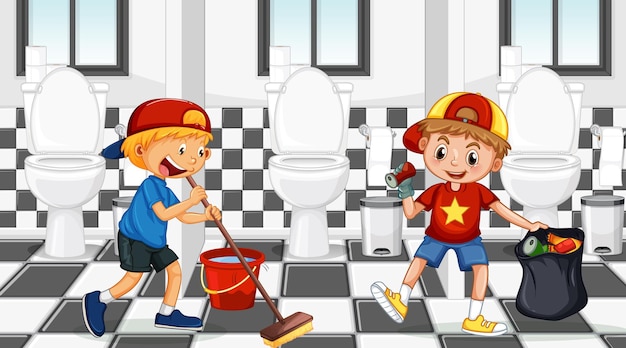 Escena de baño público con dos niños limpiando el baño.