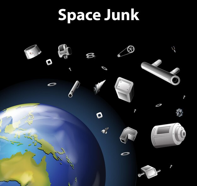 Escena con basura espacial en el espacio.