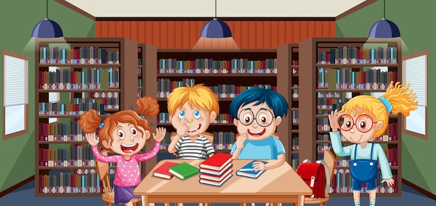 Escena de la biblioteca escolar con niños felices.