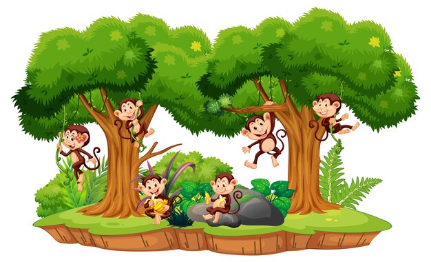 Escena de bosque aislado con monos traviesos