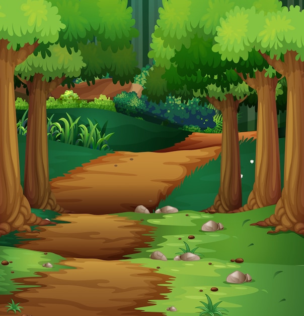 Vector gratuito escena del bosque con camino de tierra en el medio