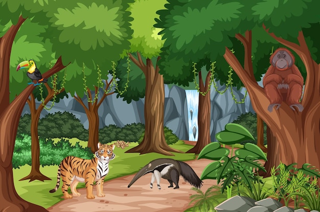 Escena del bosque con diferentes animales salvajes.