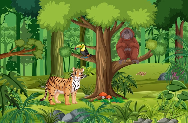 Escena del bosque con diferentes animales salvajes.
