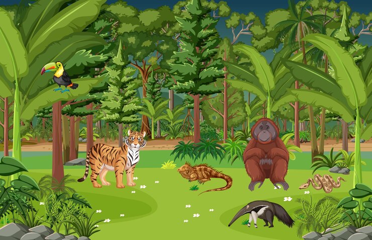 Vector gratuito escena del bosque con diferentes animales salvajes.