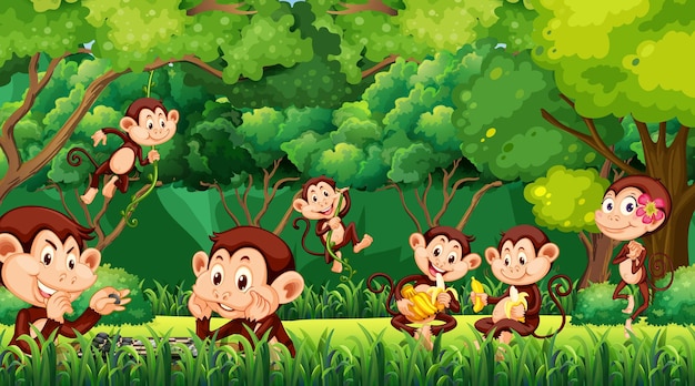 Escena del bosque con divertidos dibujos animados de monos