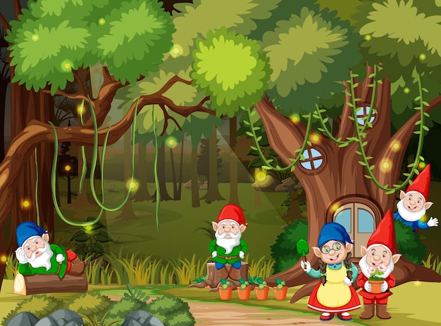 Vector gratuito escena de bosque de fantasía con familia de gnomos.