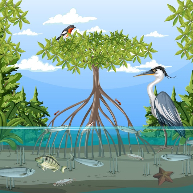 Vector gratuito escena de bosque de manglar durante el día con animales.