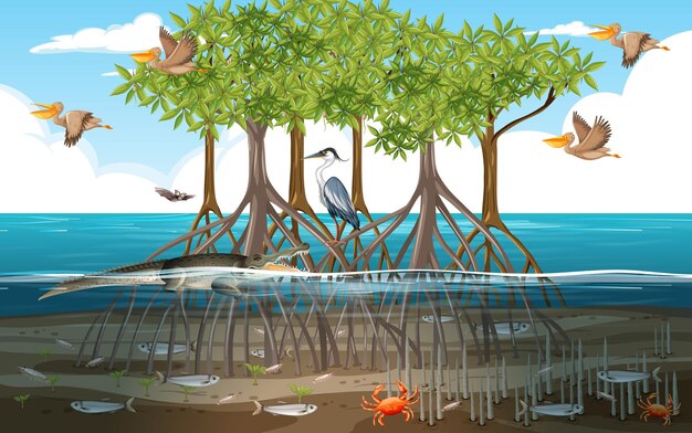 Escena de bosque de manglar durante el día con animales.