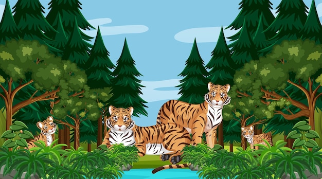 Escena de bosque o selva tropical con familia de tigres.