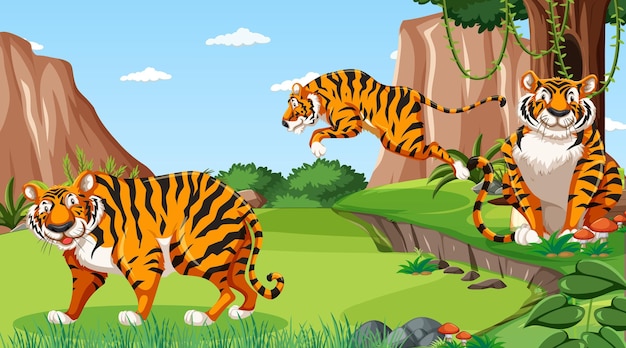 Vector gratuito escena de bosque o selva tropical con familia de tigres.