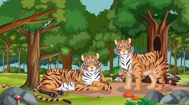 Escena de bosque o selva tropical con familia de tigres.