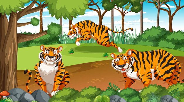 Escena de bosque o selva tropical con familia de tigres.