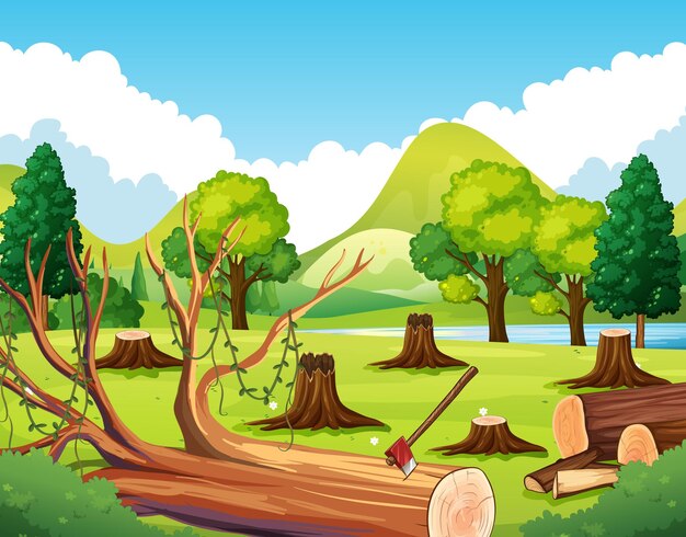Escena del bosque con tocones.