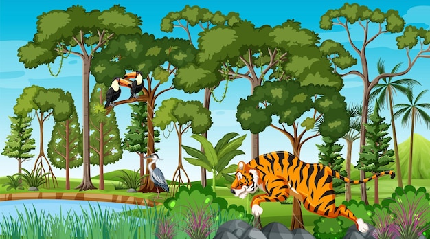 Vector gratuito escena del bosque con varios animales salvajes.