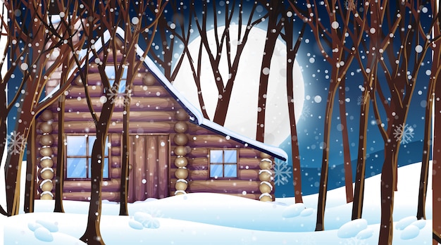 Escena con cabaña de madera en invierno nieve