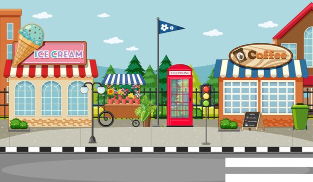 Escena de la calle con heladería y cafetería.