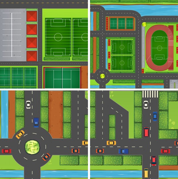 Escena con caminos y campos deportivos