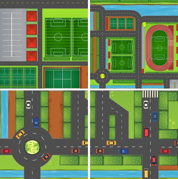 Escena con caminos y campos deportivos